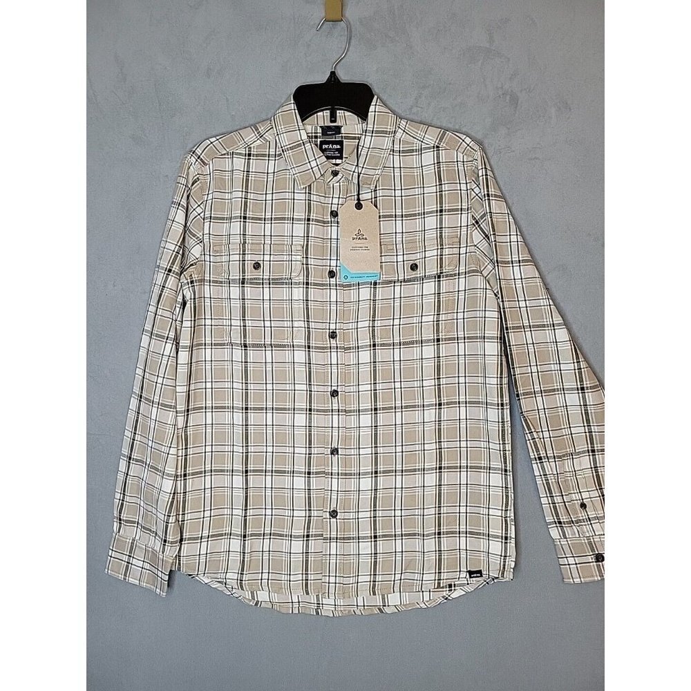 LIKE NEW Prana Shirt Men S Slim Fit Tan Brn Plaid Long Sleeve Flannel
